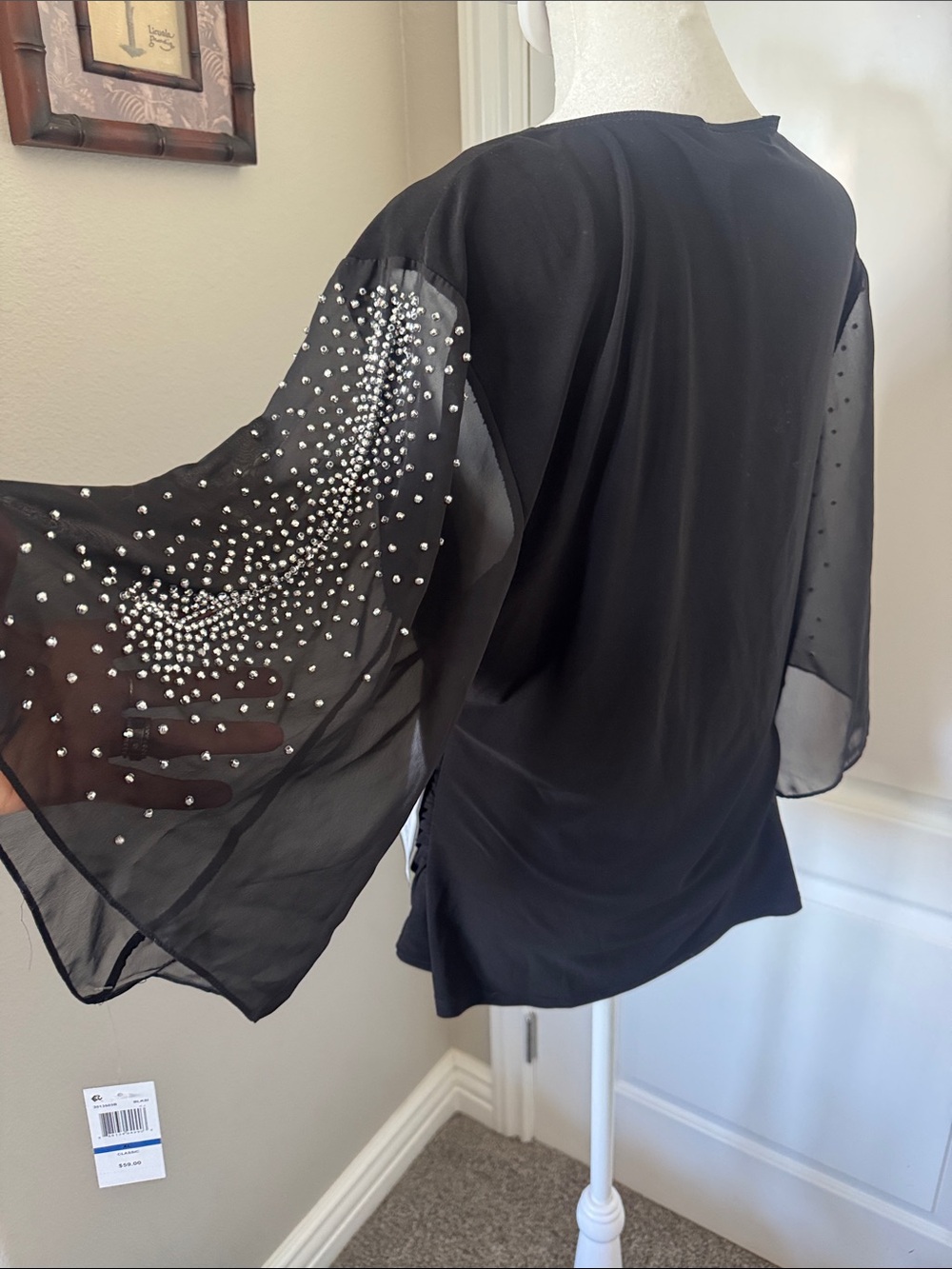 Black Draped V-Neck Women's Top with Sheer Embellished Open Sleeves - Picture 4 of 6